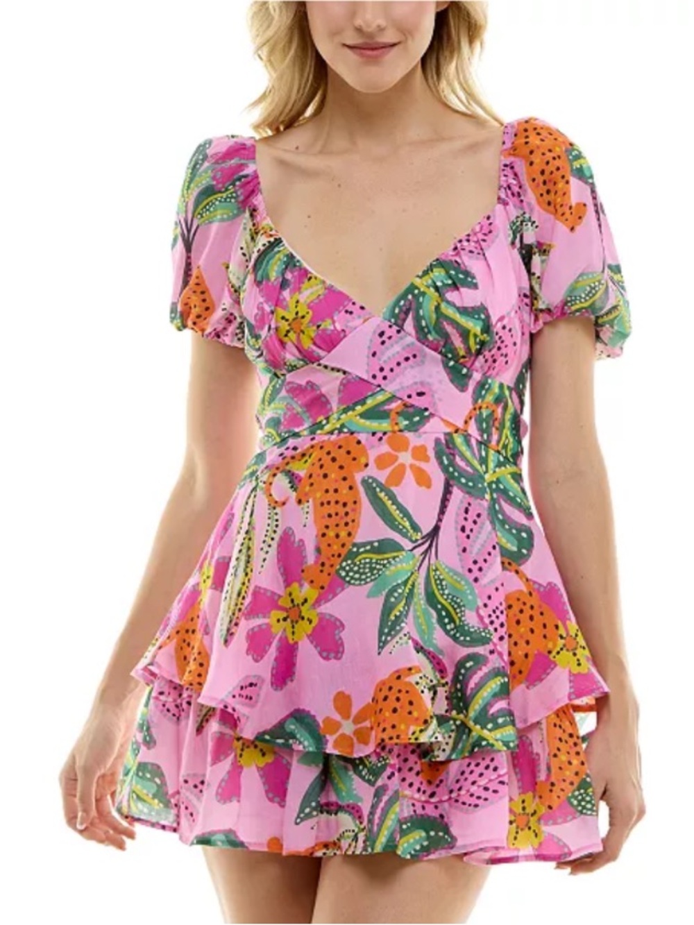NWT Crystal Doll Tropical Puff-Sleeve Tie-Back Dress Size S